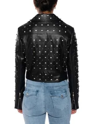 Azalea WangWren Embellished Vegan Leather Moto Jacket - Black 4 Azalea WangWren Embellished Vegan Leather Moto Jacket - Black - Image 4