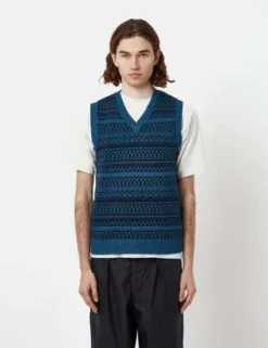 Beams PlusIndigo Knit Vest Fair Isle Pattern - Indigo Blue