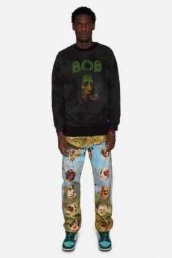 Blue&CreamBob Marley Distressed Crew Neck Sweatshirt - Black