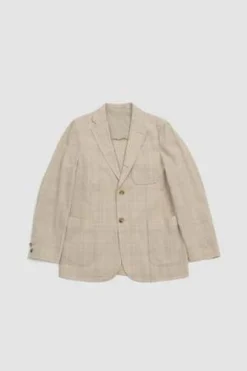 Beams PlusCotton Wool Linen Check 3 Button Comfort Jacket - Natural