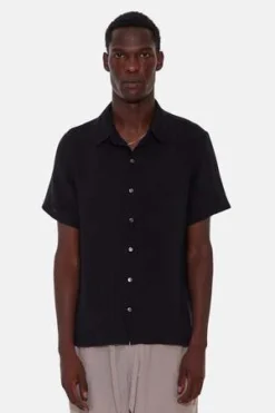 Blue&CreamGauze Short Sleeve Buttondown - Black