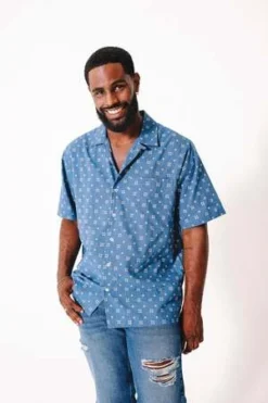 DUSHYANT.Hand Printed The Don Camp Collar Shirt - Blue Dots Print -Norse Projects Sales Hand Printed The Don Camp Collar Shirt in Blue Dots Print 20230904183254 1