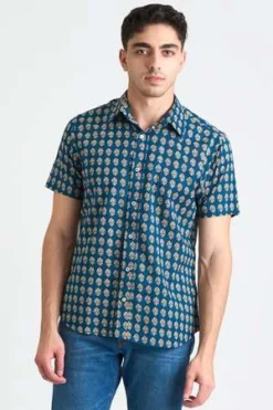 DUSHYANT.Hand Printed 'The Sheril' Short Sleeve Shirt - Blue/Red Motif 7 DUSHYANT.Hand Printed 'The Sheril' Short Sleeve Shirt - Blue/Red Motif -Norse Projects Sales Hand Printed The Sheril Short Sleeve Shirt in Blue and Red Motif 20220323173829