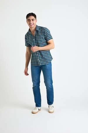 DUSHYANT.Hand Printed 'The Sheril' Short Sleeve Shirt - Blue/Red Motif -Norse Projects Sales Hand Printed The Sheril Short Sleeve Shirt in Blue and Red Motif 20220323173830