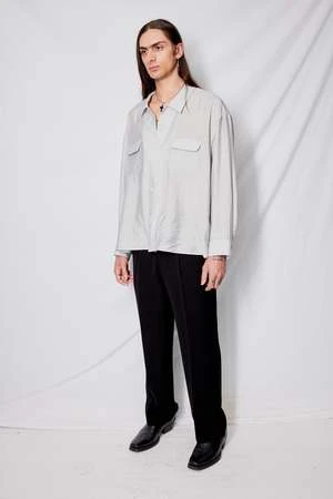 AssemblyStripe Rayon Crop Pocket Shirt - Gray 3 AssemblyStripe Rayon Crop Pocket Shirt - Gray - Image 3