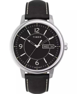 TimexChicago Leather Watch 45mm - Black/Silver