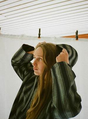 I AND MEUnisex I AND ME Japanese Woven Stripe Hoody - Navy Stripe 2 I AND MEUnisex I AND ME Japanese Woven Stripe Hoody - Navy Stripe - Image 2